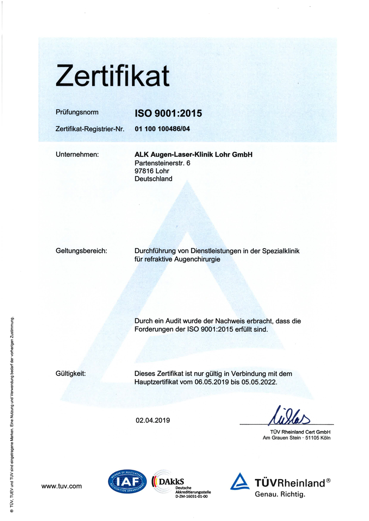 TÜV Rheinland Zertifikat der Augen-Laser-Klinik Lohr 2019