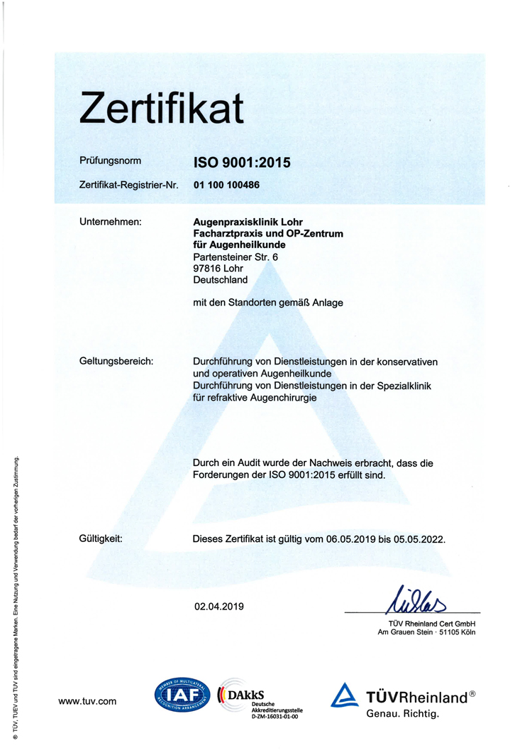 TÜV Rheinland Zertifikat der Augenpraxislinik Lohr 2019
