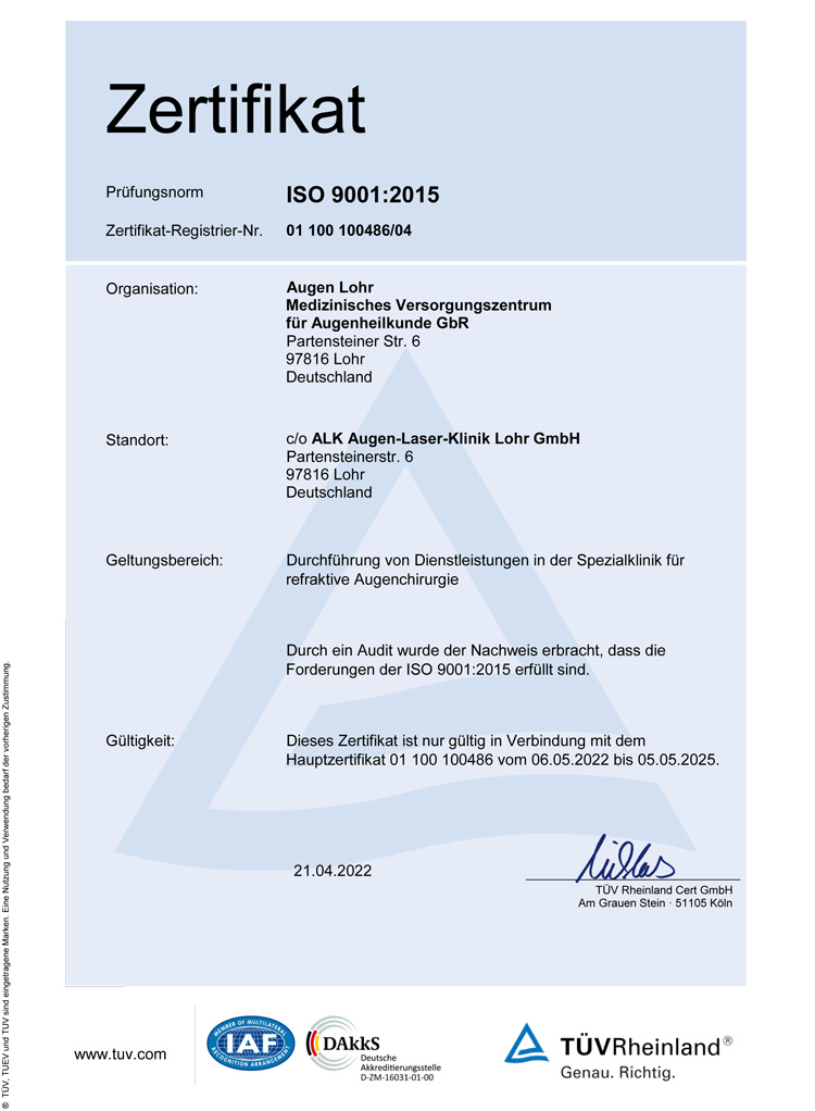 TÜV Rheinland Zertifikat der Augen-Laser-Klinik Lohr 2022